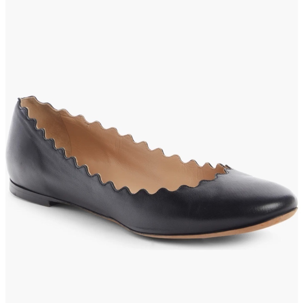 Chloe Scalloped Black Leather Flats size 8